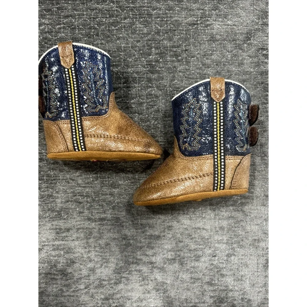 Old West Infant Baby Cowboy Boots Blue Brown Western Shoes Unisex Size‎ 3